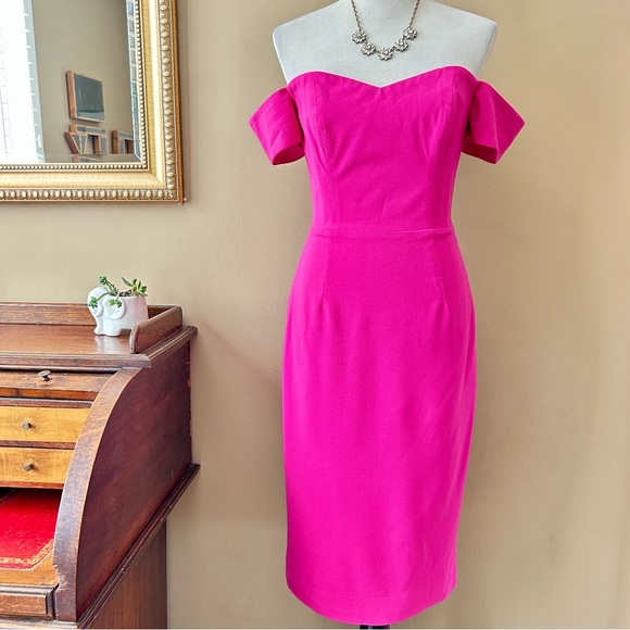 Dress The Population Bailey Off-The-Shoulder Slim Midi Dress Hot Pink Size M - Picture 3 of 13
